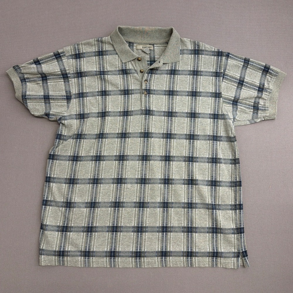 Basic Equipment Mens XL Gray Plaid Short Sleeve Knit Polo Shirt Cotton Blend